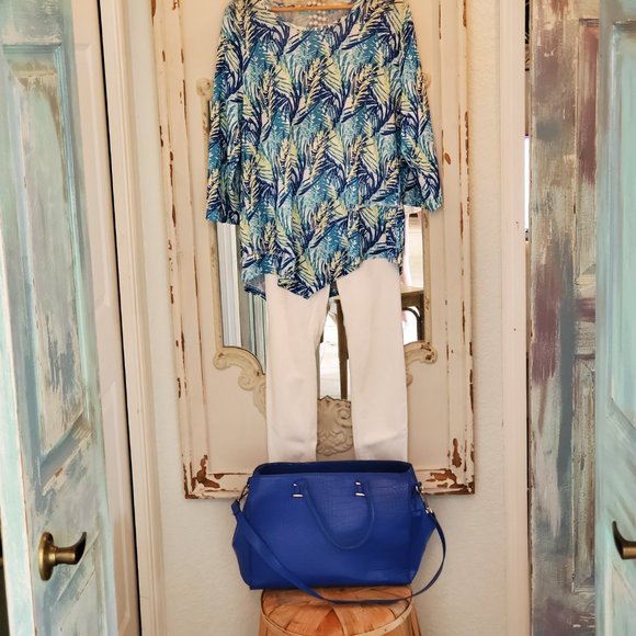 Anthony's Women's Pull Over Top - Palm Leaf Pattern with Multi Blue Colors. - Picture 4 of 4